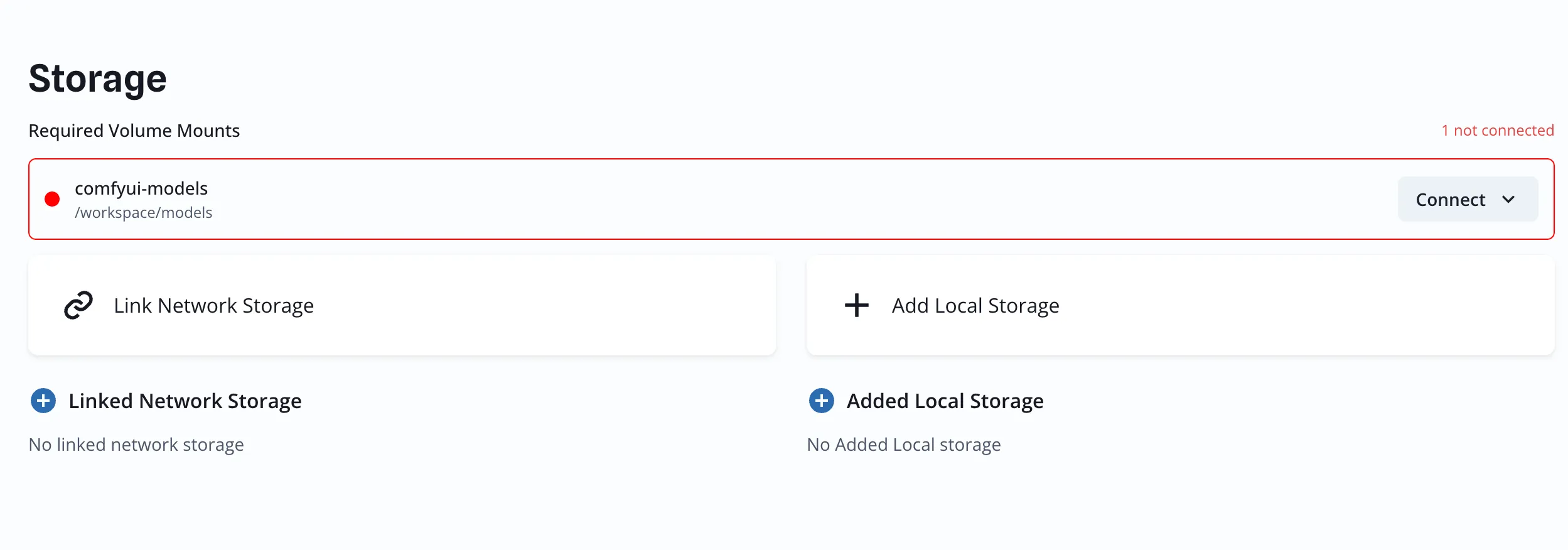 Required Volume Mounts pane with the Connect button highlighted