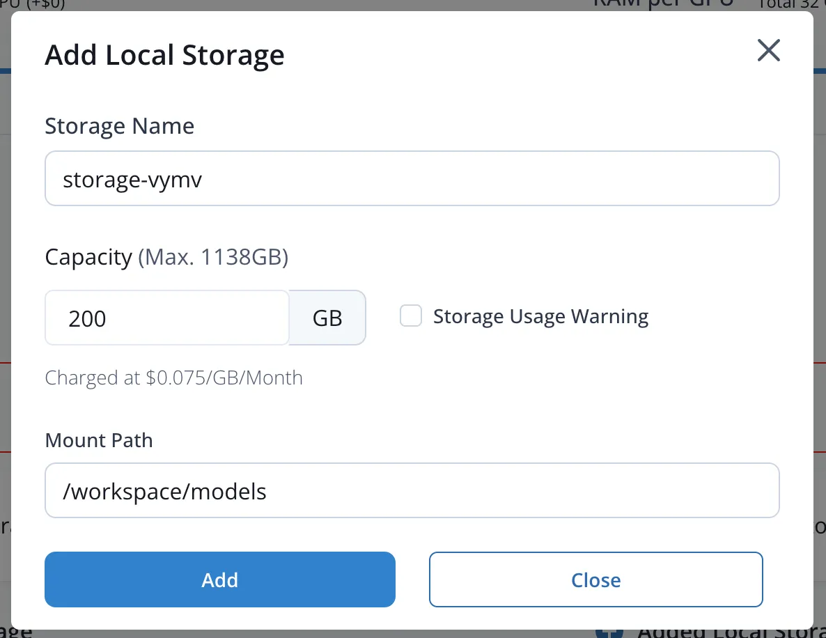 Local Storage modal — Capacity input